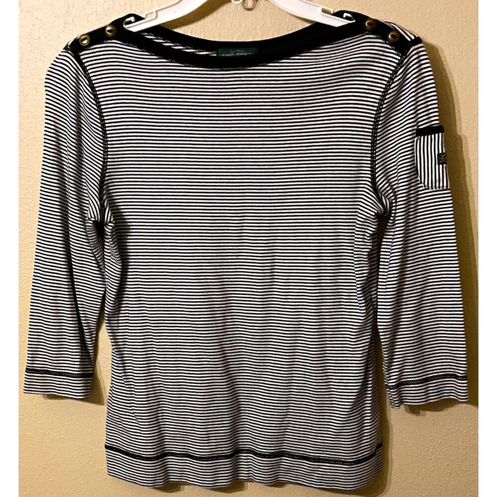 LRL Lauren Jeans Co Ralph Lauren Striped Boatneck Top L Black White 3/4 Sleeve